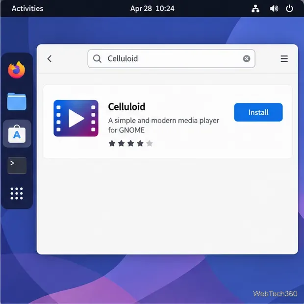 Uma ferramenta de busca no catálogo de software Linux para o programa Celluloid, com um botão "Instalar".