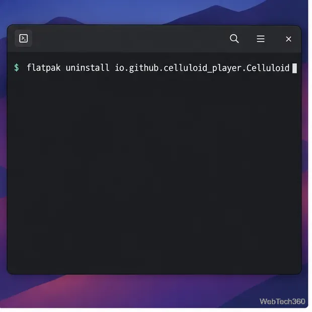 Um terminal Linux mostrando o comando flatpak uninstall io.github.celluloid_player.Celluloid.