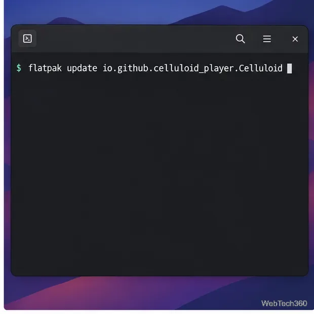 Um terminal Linux mostrando o comando `flatpak update io.github.celluloid_player.Celluloid`.