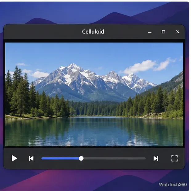 Celuloide reproduzindo um vídeo na horizontal com barra de busca e controles básicos de reprodução.