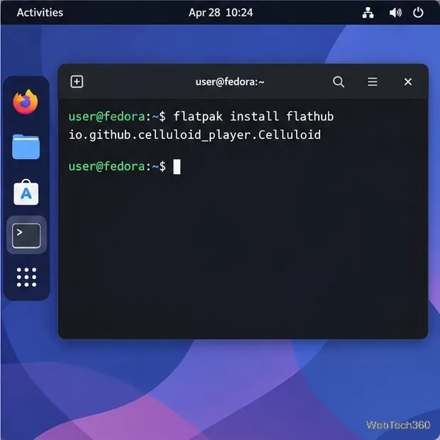 Um terminal Linux mostrando o comando `flatpak install flathub io.github.celluloid_player.Celluloid`.