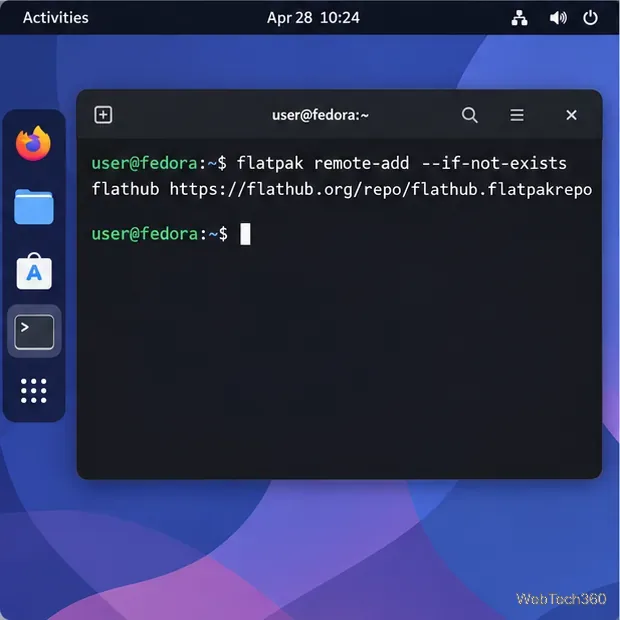 Um terminal Linux mostrando o comando para adicionar o servidor remoto Flathub.
