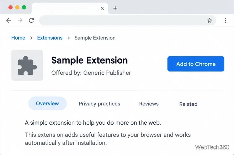 拡張機能の詳細ページの例。発行元、説明、および「Chromeに追加」ボタンが表示されます。