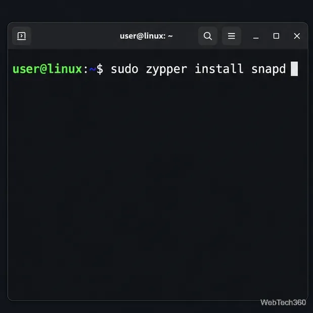 terminal openSUSE affichant sudo zypper install snapd