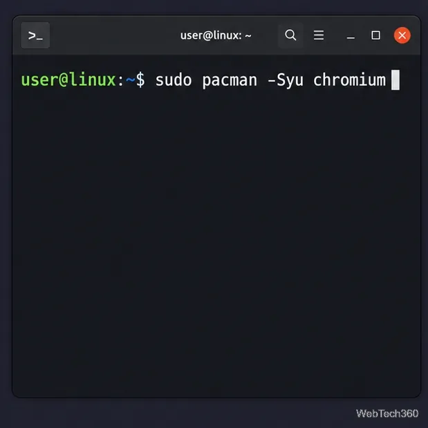 Terminal Arch Linux avec la commande sudo pacman -Syu chromium