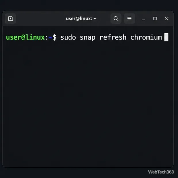 Terminal affichant sudo snap refresh chromium pour mettre à jour le navigateur
