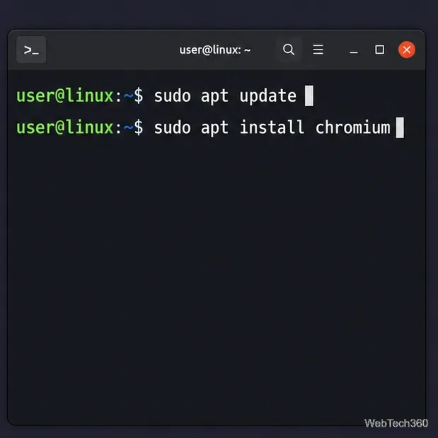 Terminal affichant la commande sudo apt update suivie de sudo apt install chromium