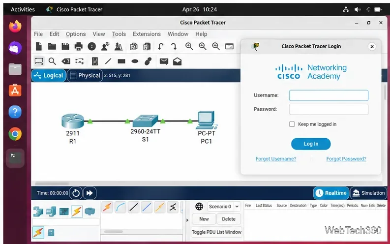 Ubuntu上でCisco Packet Tracerを開き、小規模なネットワークトポロジーとCiscoログインウィンドウを表示する。