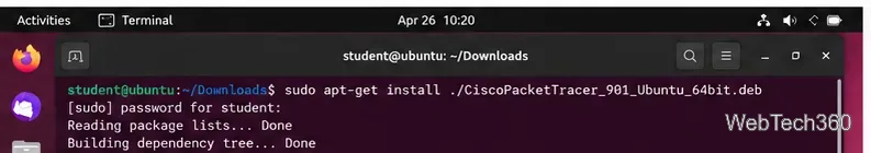 Ubuntuターミナルで、Cisco Packet Tracer 9.0.1のUbuntu DEBパッケージに対してapt-get installを実行する。