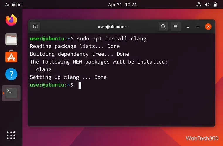 Ubuntu Terminal showing sudo apt install clang