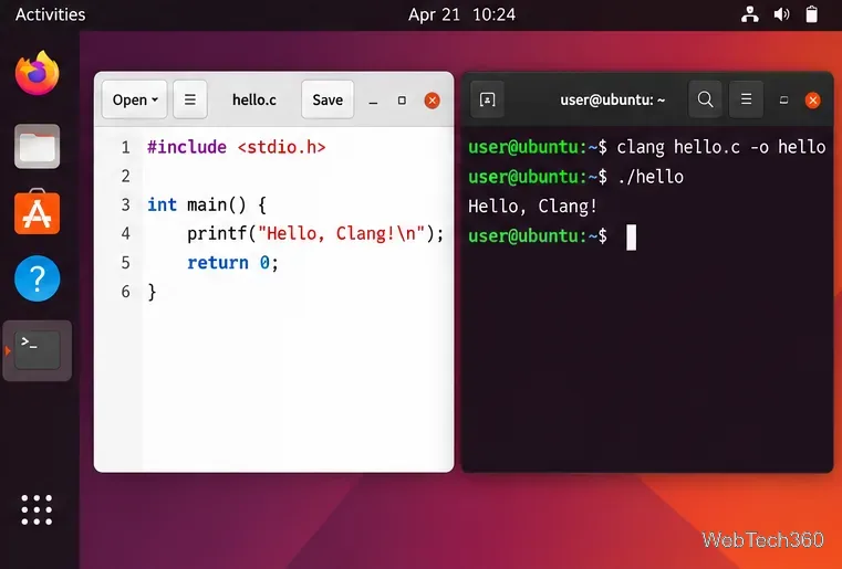 Ubuntu Text Editor and Terminal compiling hello.c with Clang and printing Hello, Clang