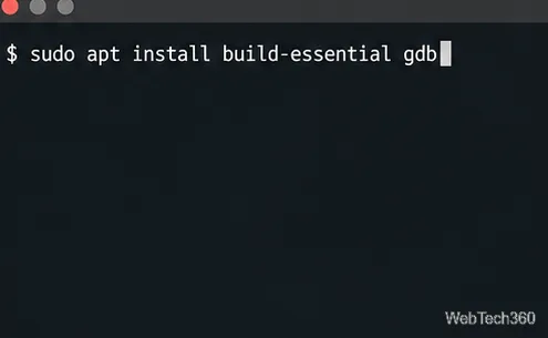 Terminal Linux mostrando o comando APT para adicionar as ferramentas de compilação GCC e o depurador GDB no Ubuntu ou Debian.