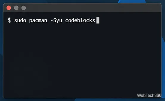 Terminal do Arch Linux com o comando pacman para atualizar o sistema e instalar o Code::Blocks.