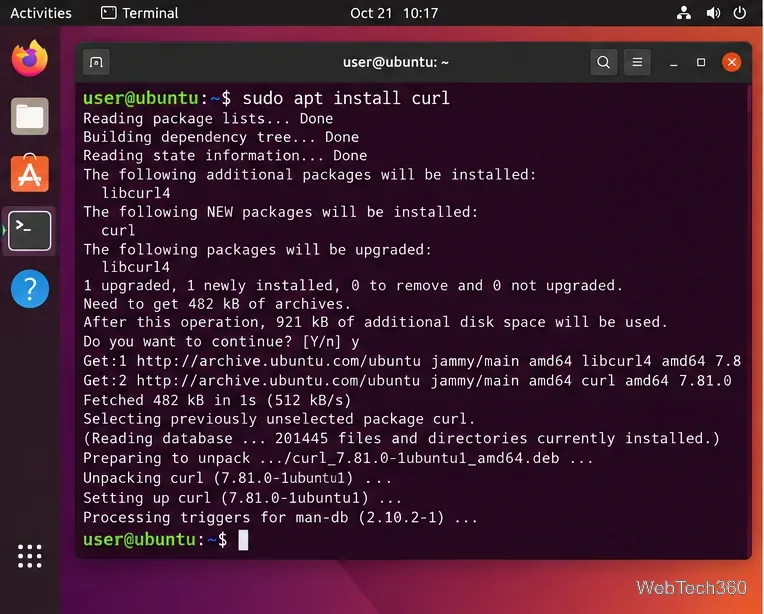 Ubuntuターミナルでsudo apt install curlコマンドを使用してcurlパッケージをインストールする