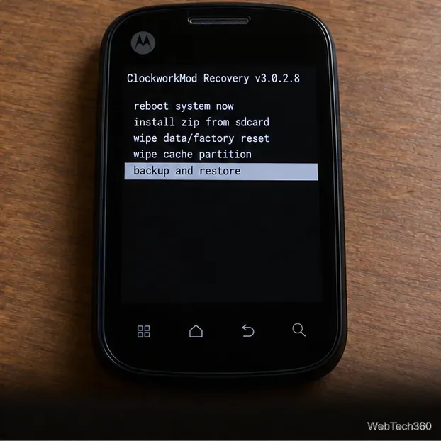 На экране ClockworkMod Recovery отображается черный экран, а в меню выделен пункт «Резервное копирование и восстановление».