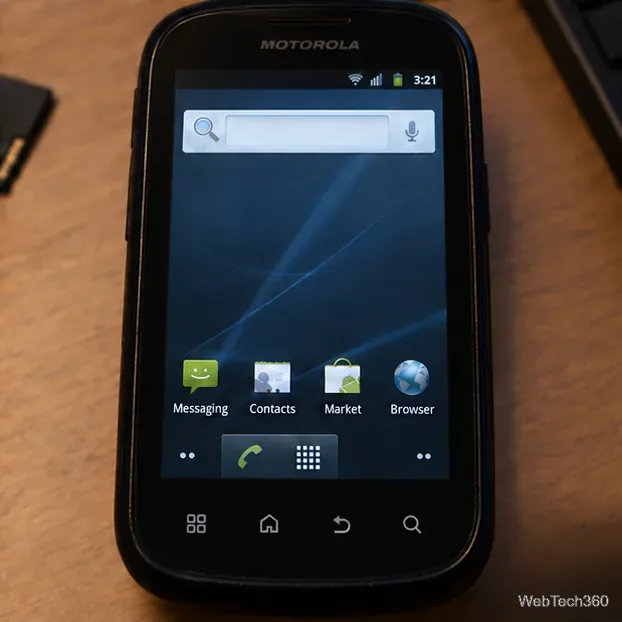 Сенсорный телефон Motorola, отображающий после включения простой домашний экран в стиле Android Gingerbread.