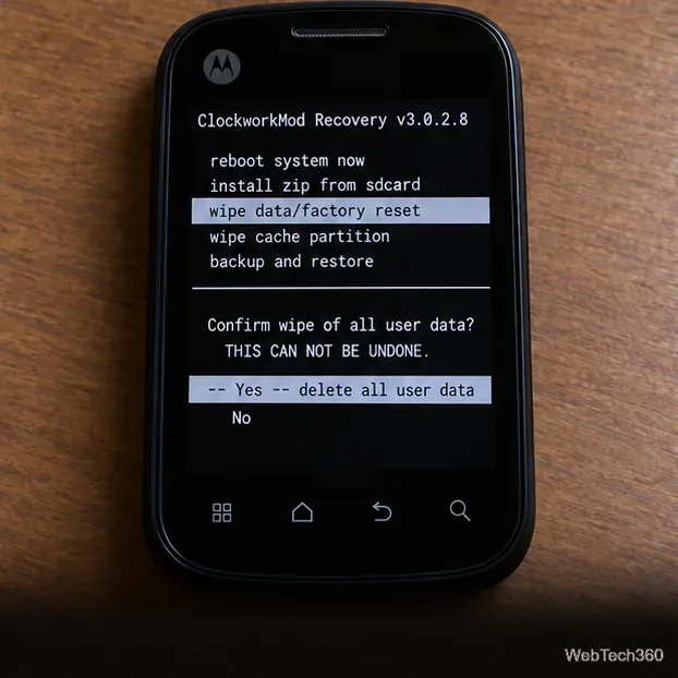 В ClockworkMod Recovery отображается сообщение «wipe data/factory reset» и запрос на подтверждение, предупреждающий о том, что пользовательские данные будут удалены.