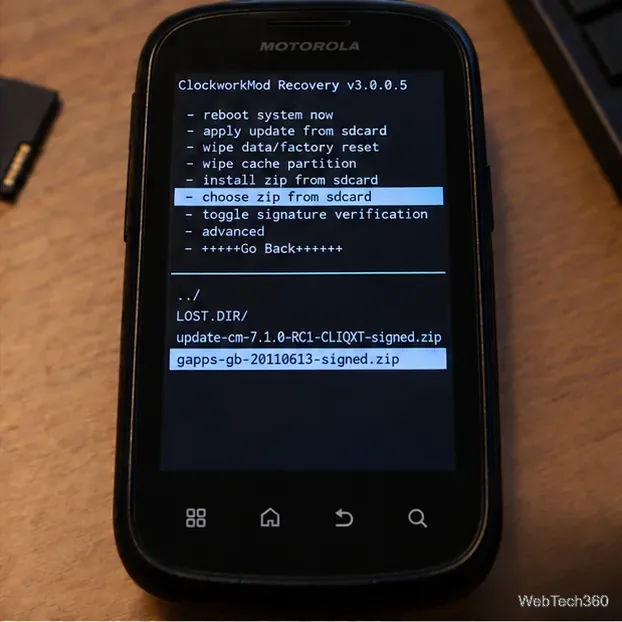 Инструмент выбора ZIP-архивов от ClockworkMod с выделенным файлом gapps-gb-20110613-signed.zip.