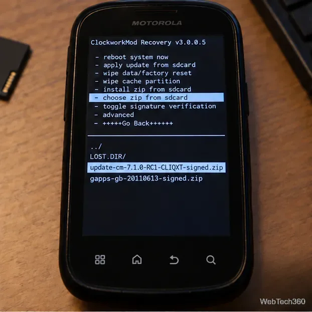 Меню восстановления ClockworkMod с выделенным пунктом «выбрать zip-архив с SD-карты», а ниже перечислены ZIP-архивы с ROM и Google Apps.