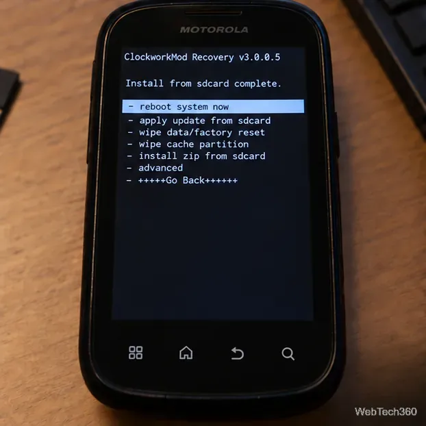 В окне ClockworkMod Recovery отображается сообщение «Установка с SD-карты завершена», при этом выделена опция «Перезагрузить систему сейчас».