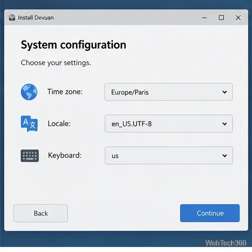 Configurações do instalador Devuan para fuso horário, idioma e layout do teclado.