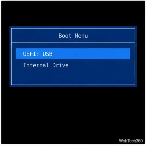 Menu de inicialização do firmware do computador com a opção UEFI USB selecionada