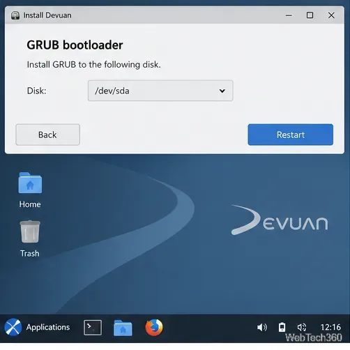 Configuração do carregador de inicialização GRUB para o disco de instalação antes de reiniciar no Devuan.
