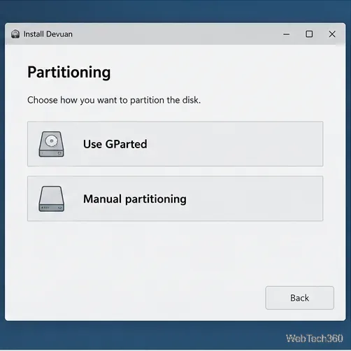 Tela de instalação com opções de particionamento, incluindo GParted e ferramentas de particionamento manual.