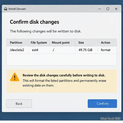 Resumo da instalação com uma partição raiz ext4 e um aviso para revisar as alterações no disco.