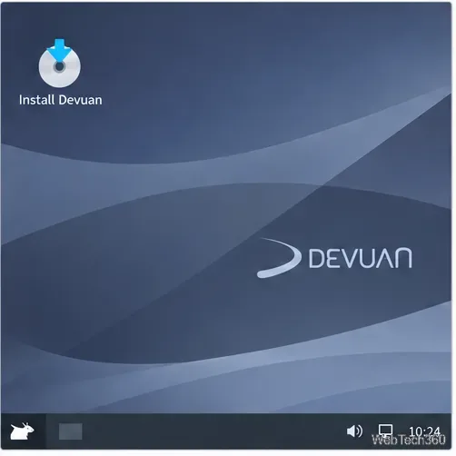 Ambiente de trabalho Devuan Xfce com o atalho "Instalar Devuan" visível.