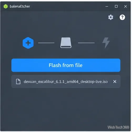 O gravador seleciona a ISO do Devuan Excalibur Desktop Live com Flash a partir do arquivo.
