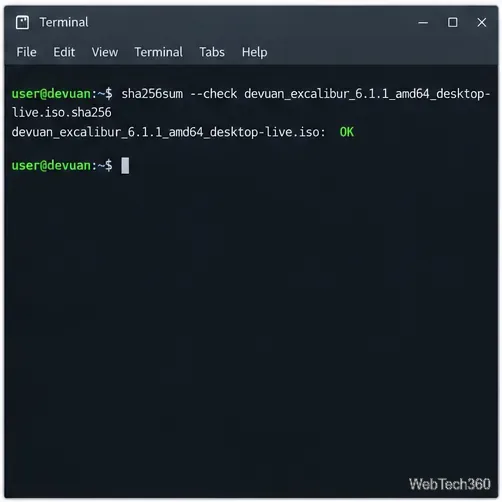 Terminal exibindo a verificação de checksum para a ISO Live do Devuan Excalibur Desktop