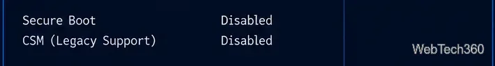 Firmware settings showing Secure Boot and CSM legacy support disabled