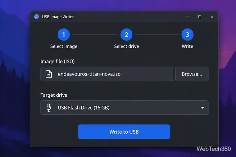 USB image writer with an EndeavourOS ISO and a 16 GB flash drive selected