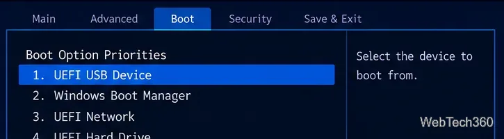UEFI firmware boot menu with UEFI USB Device selected first