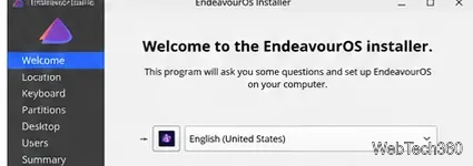 EndeavourOS Calamares installer showing Welcome, Location, Keyboard, Partitions, Desktop, Users, Summary, Install, and Finish stages