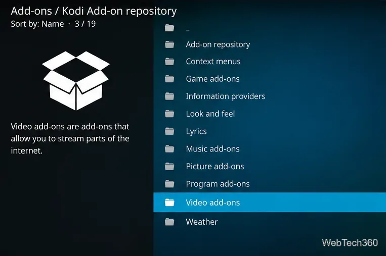 Kodiスタイルのリポジトリカテゴリリスト。ビデオアドオンがプログラムアドオンの下にハイライト表示されます。