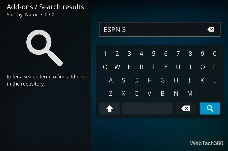 Kodiスタイルのアドオン検索ダイアログにESPN 3と入力し、検索キーボードを表示した状態。