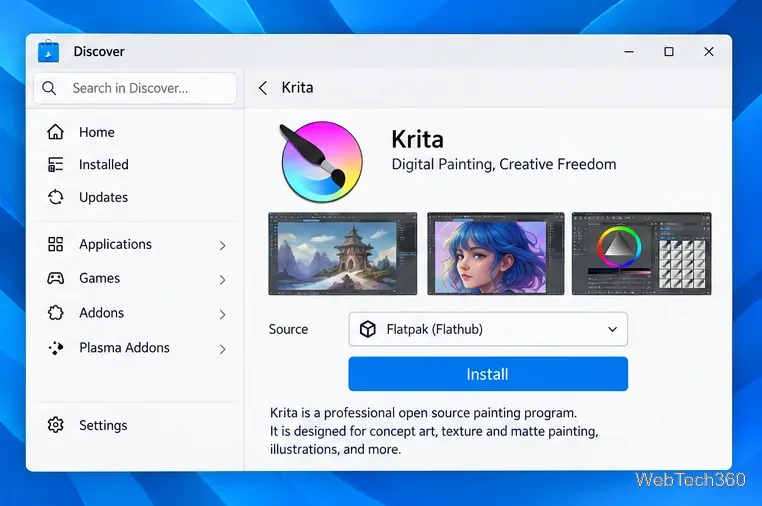 KDE Discover Krita page with Flatpak from Flathub selected and Install button