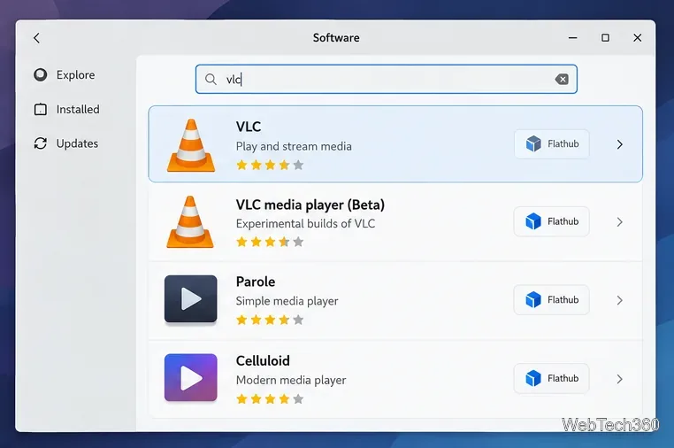 GNOME Software search results showing VLC available from Flathub