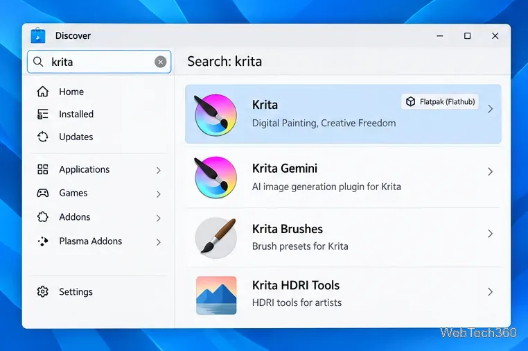 KDE Discover search results showing Krita from Flatpak on Flathub