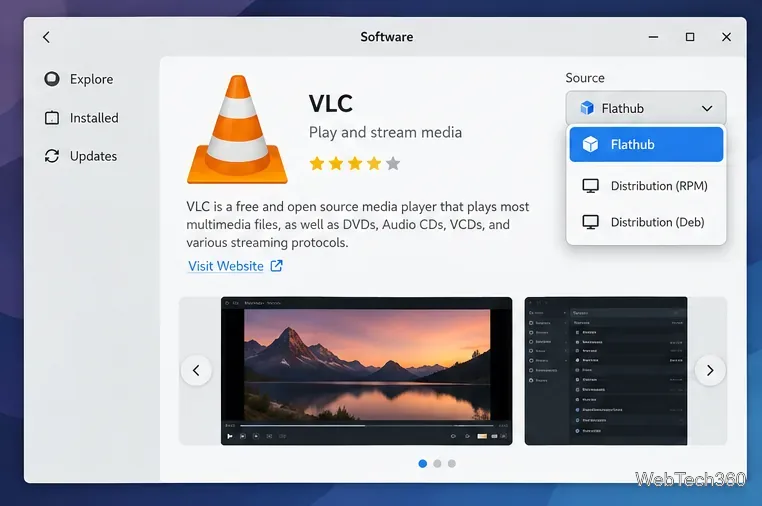 GNOME Software app details with Flathub selected in the source menu