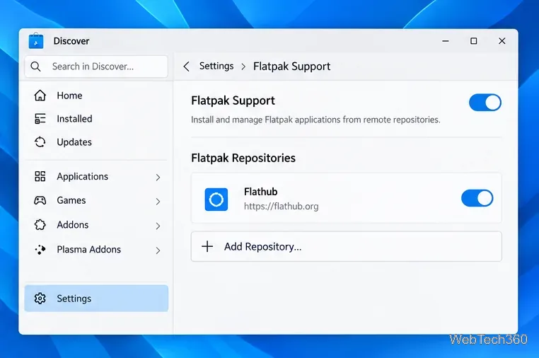 KDE Discover Flatpak settings with the Flathub repository enabled