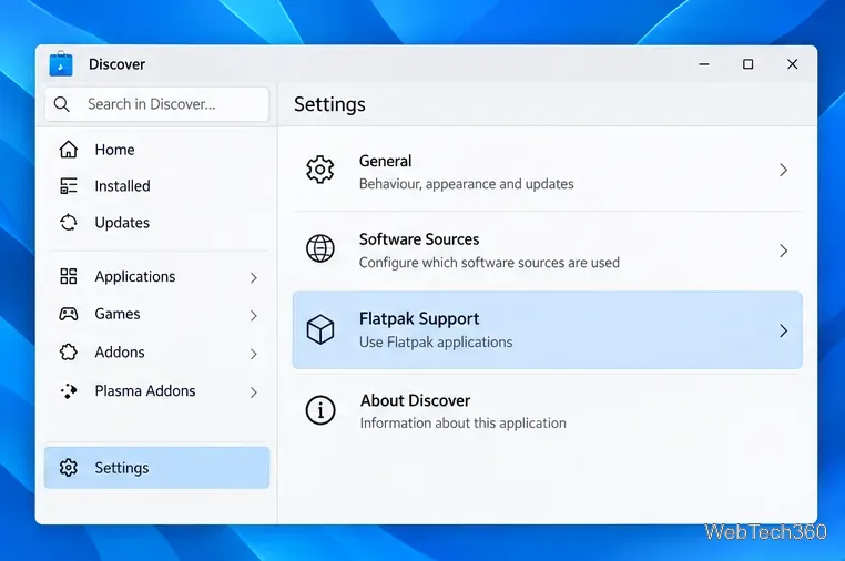 KDE Discover Settings screen highlighting Flatpak support