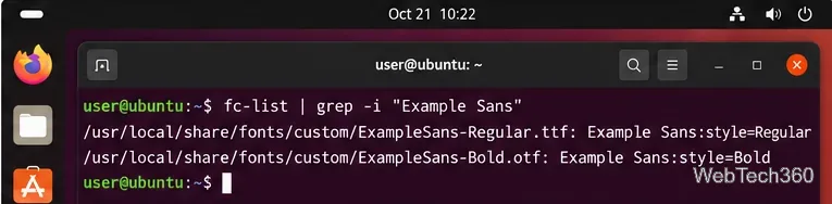 Terminale Ubuntu che utilizza fc-list per verificare che i caratteri Example Sans siano registrati