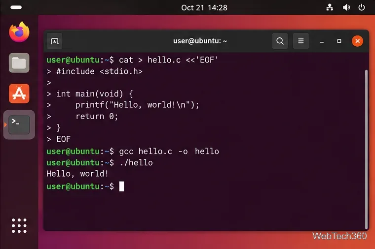 Ubuntu Terminal compiling hello.c with gcc and running the Hello world executable