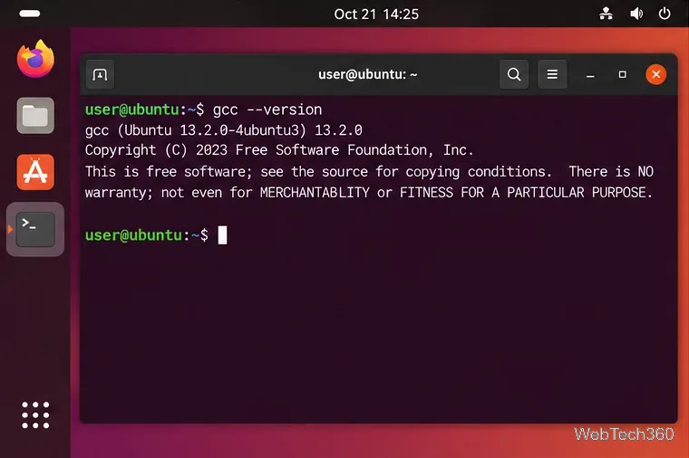 Ubuntu Terminal showing the gcc --version command and GCC version output