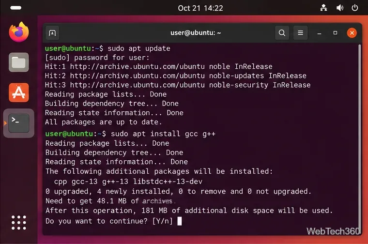 Ubuntu Terminal showing apt update and the sudo apt install gcc g++ command