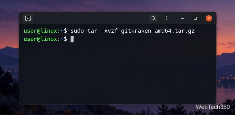 Linux terminal command extracting the GitKraken tar.gz archive.