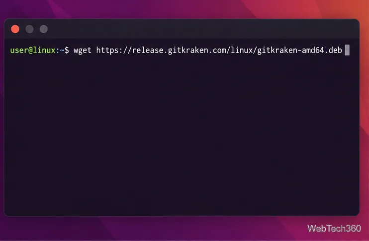 Terminal command downloading the GitKraken DEB package from the official release server.